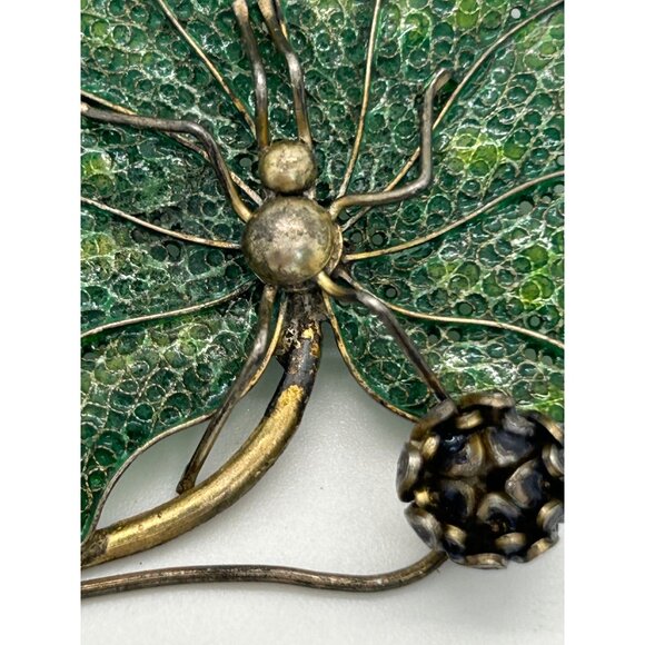 Vintage Art Deco Spider Brooch Green Leaf Flower 800 Silver Gold-tone Wash - Picture 4 of 16